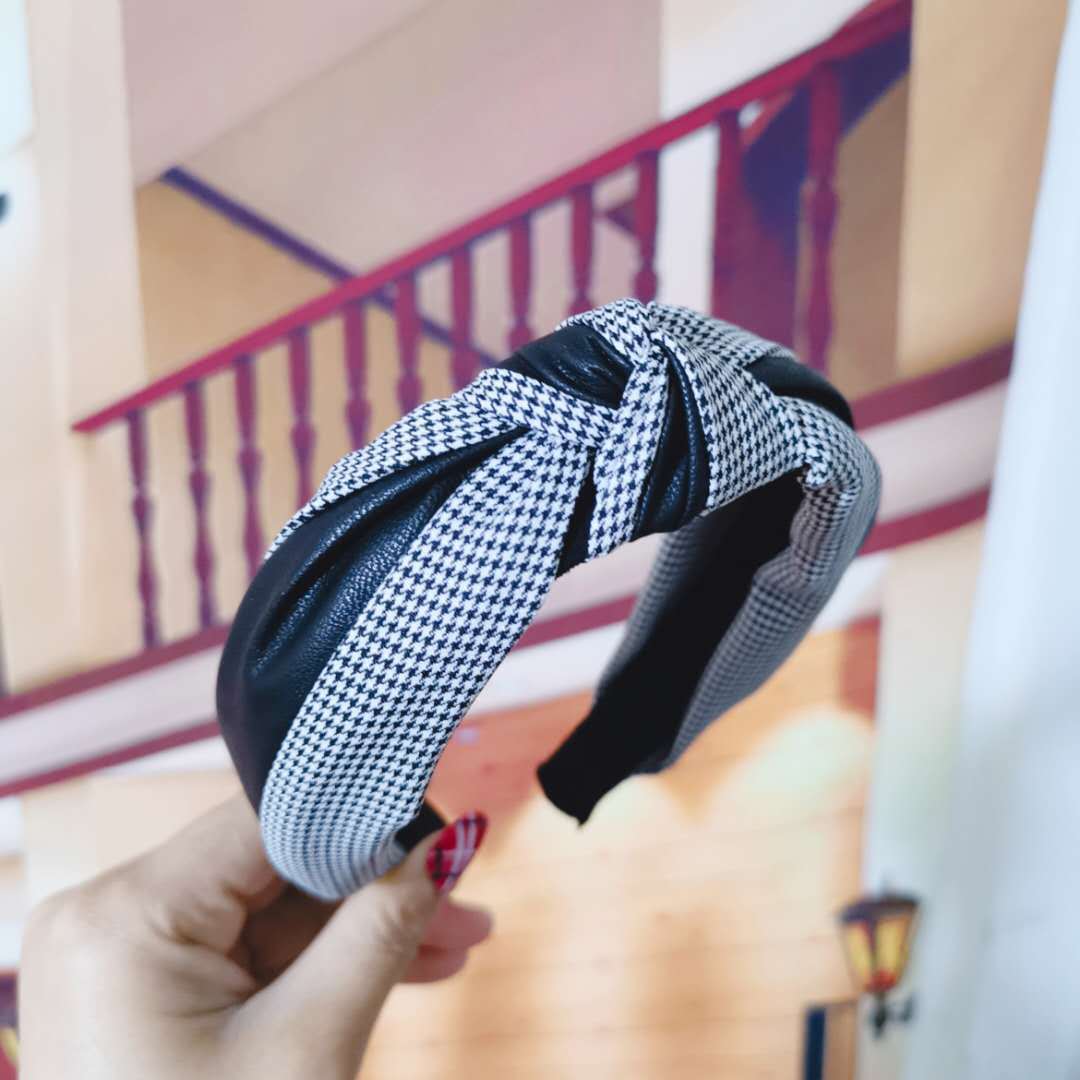 Wholesale Wide-brimmed Houndstooth Leather Knotted Headband