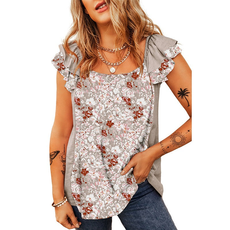 Wholesale Square Neck Back Heart Heart Floral Ruffle Sleeveless Top