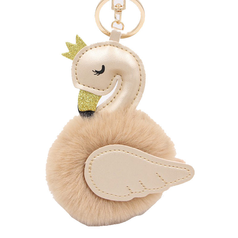 Wholesale Swan Plush Pom Pom Keychain Khaki Champagne Faux Wool Pendant For Bag Wallet Car Key Boutique Resale Accessory