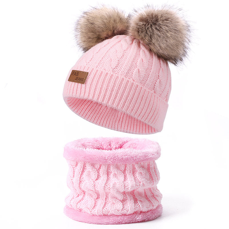 Wholesale Winter Baby Infant Child Warm Plus Velvet Thickened Scarf Pompom Hat Two-piece Set