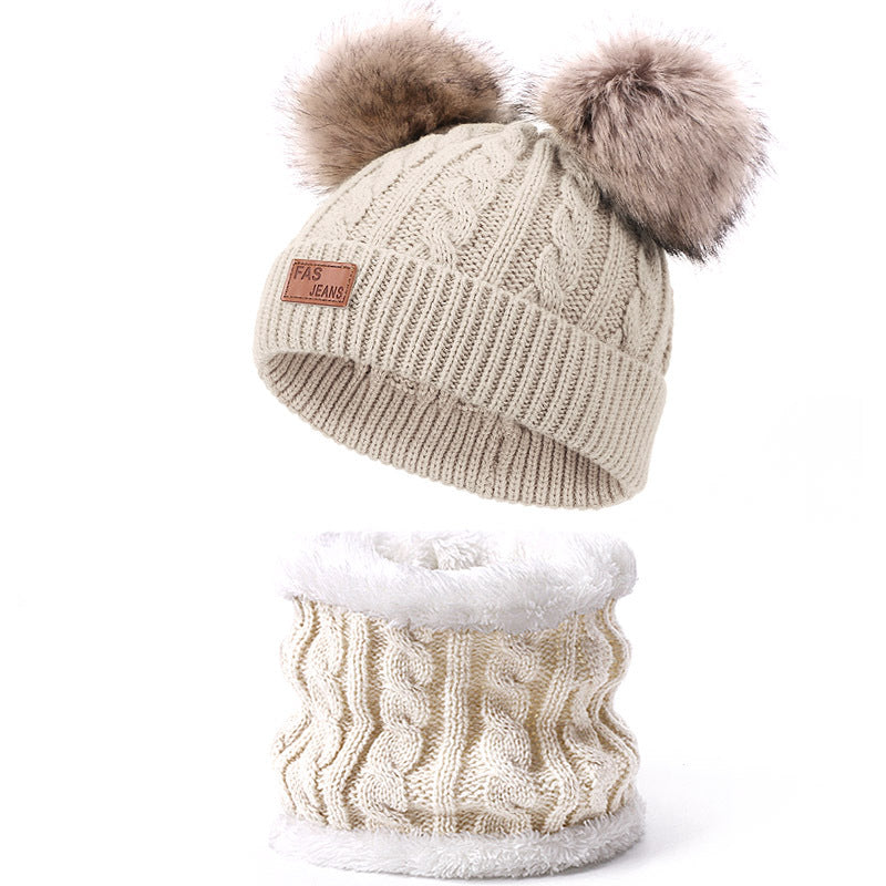 Wholesale Winter Baby Infant Child Warm Plus Velvet Thickened Scarf Pompom Hat Two-piece Set