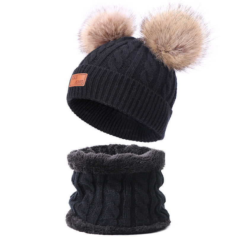 Wholesale Winter Baby Infant Child Warm Plus Velvet Thickened Scarf Pompom Hat Two-piece Set