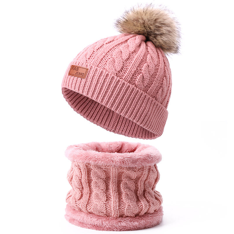 Wholesale Winter Baby Infant Child Warm Plus Velvet Thickened Scarf Pompom Hat Two-piece Set