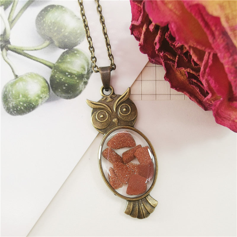 Wholesale 12pcs Popular Gravel Retro Style Owl Resin Necklace