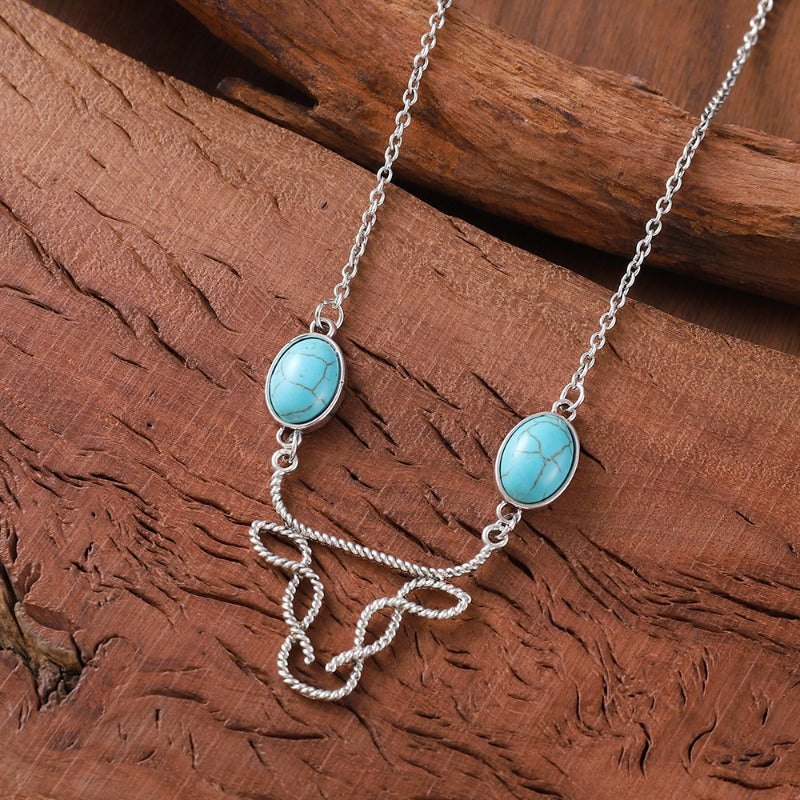 Wholesale Inlaid Turquoise Bull Head Bohemian Hollow Line Niche Simple Necklaces