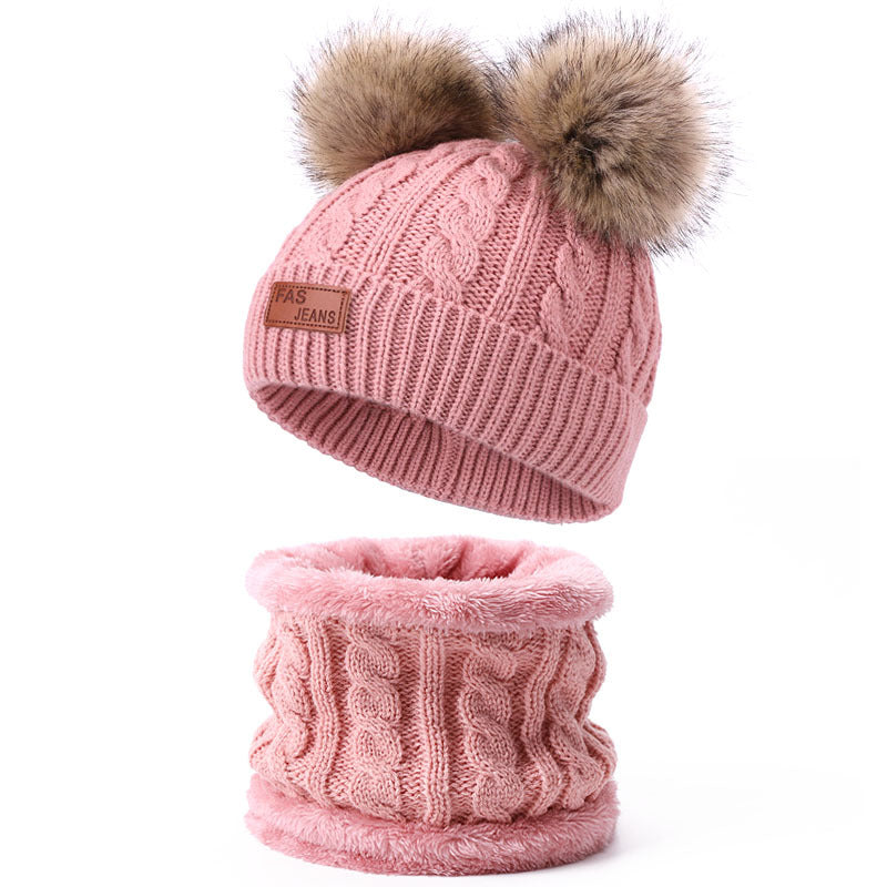Wholesale Winter Baby Infant Child Warm Plus Velvet Thickened Scarf Pompom Hat Two-piece Set