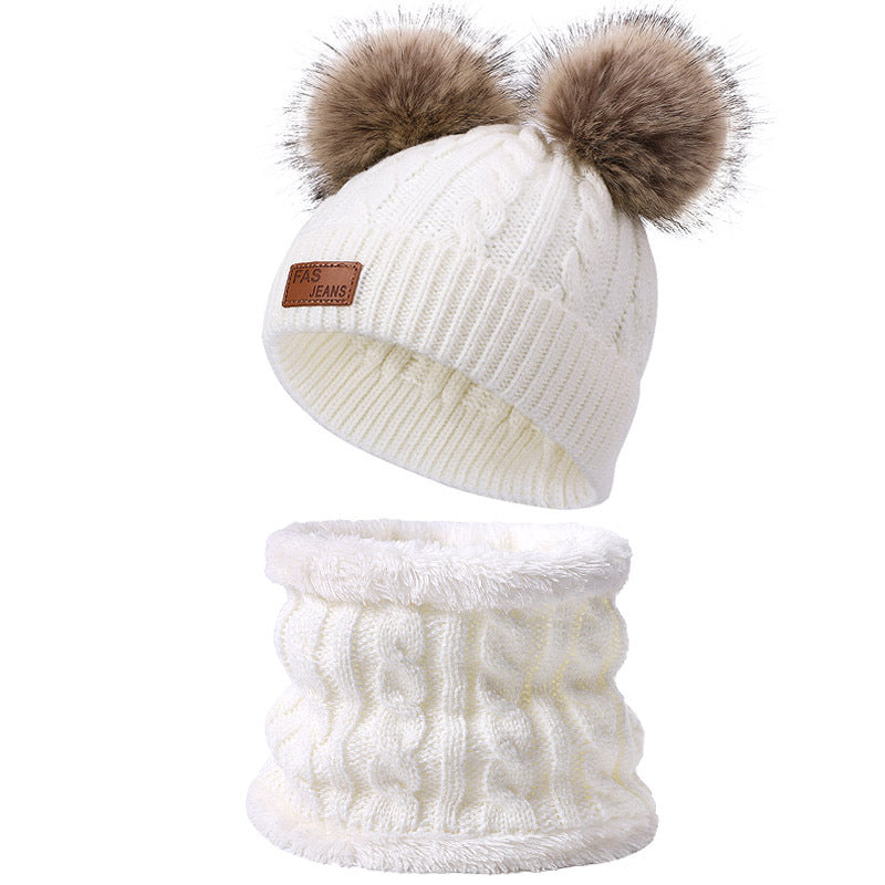 Wholesale Winter Baby Infant Child Warm Plus Velvet Thickened Scarf Pompom Hat Two-piece Set