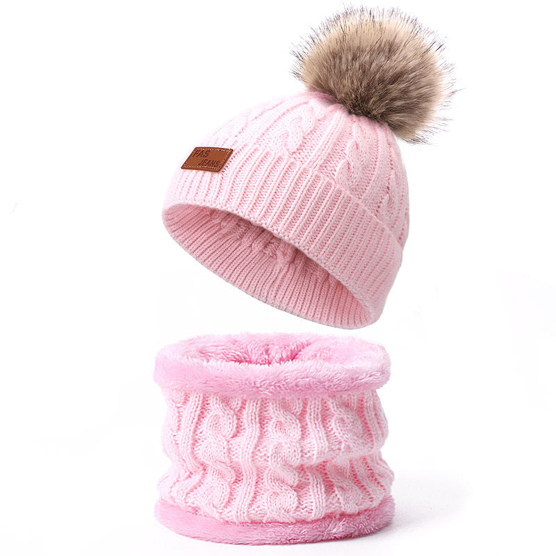 Wholesale Winter Baby Infant Child Warm Plus Velvet Thickened Scarf Pompom Hat Two-piece Set