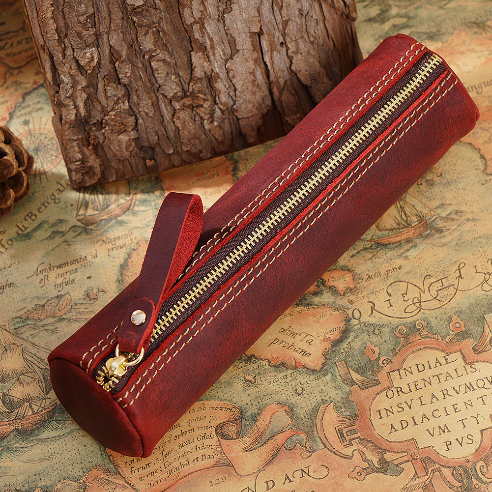 Wholesale Vintage first layer crazy horse leather storage pencil case
