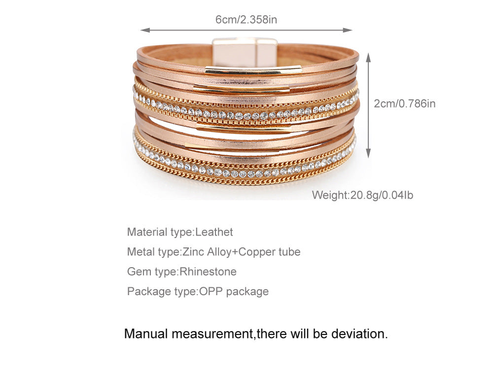 Wholesale Multi-layered Genuine Leather Fine Chain Copper Tube Diamond Bracelet