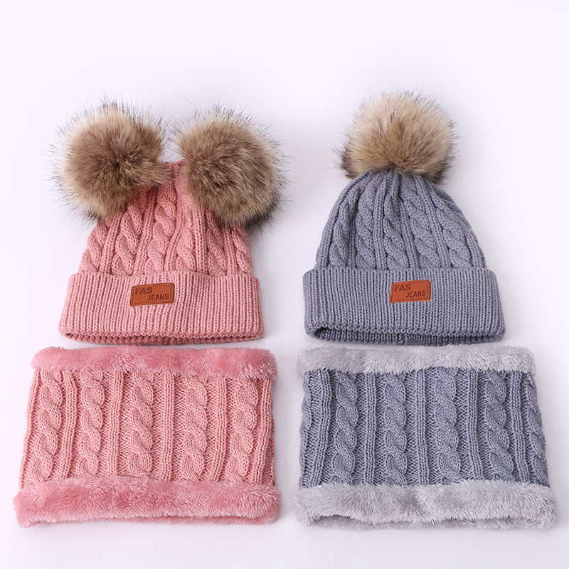 Wholesale Winter Baby Infant Child Warm Plus Velvet Thickened Scarf Pompom Hat Two-piece Set
