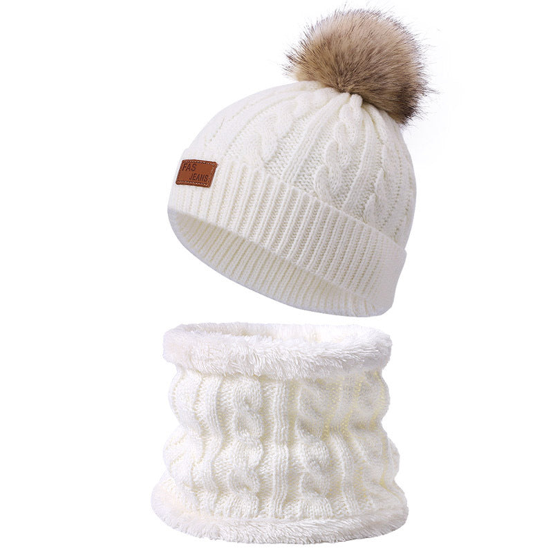 Wholesale Winter Baby Infant Child Warm Plus Velvet Thickened Scarf Pompom Hat Two-piece Set