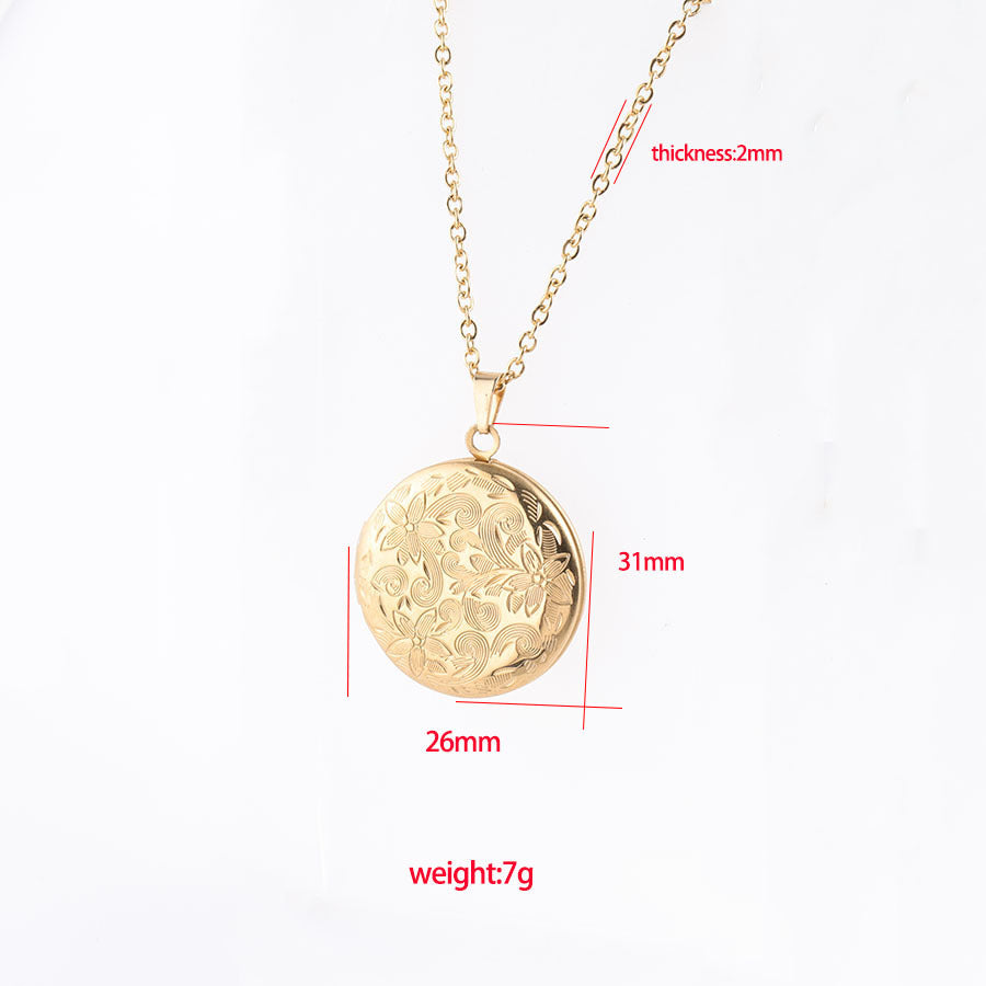 Wholesale 316L Mirror Stainless Steel Retro Pattern Round Photo Box Necklace