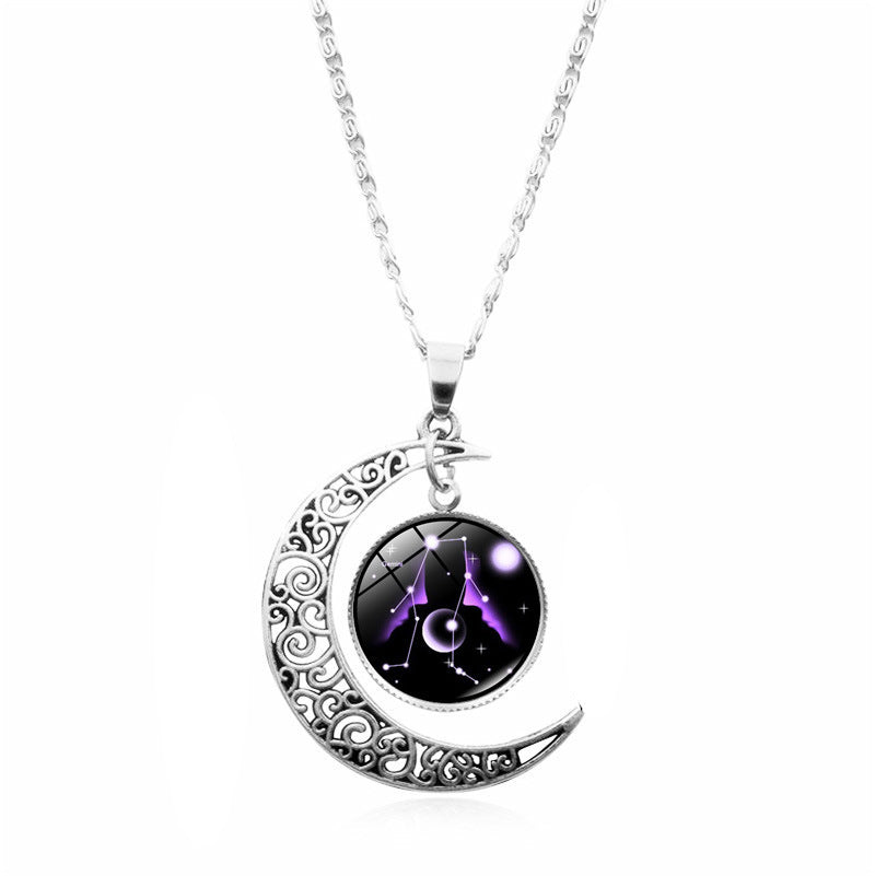 Wholesale 12 Constellations Crescent Time Gem Moon Necklaces