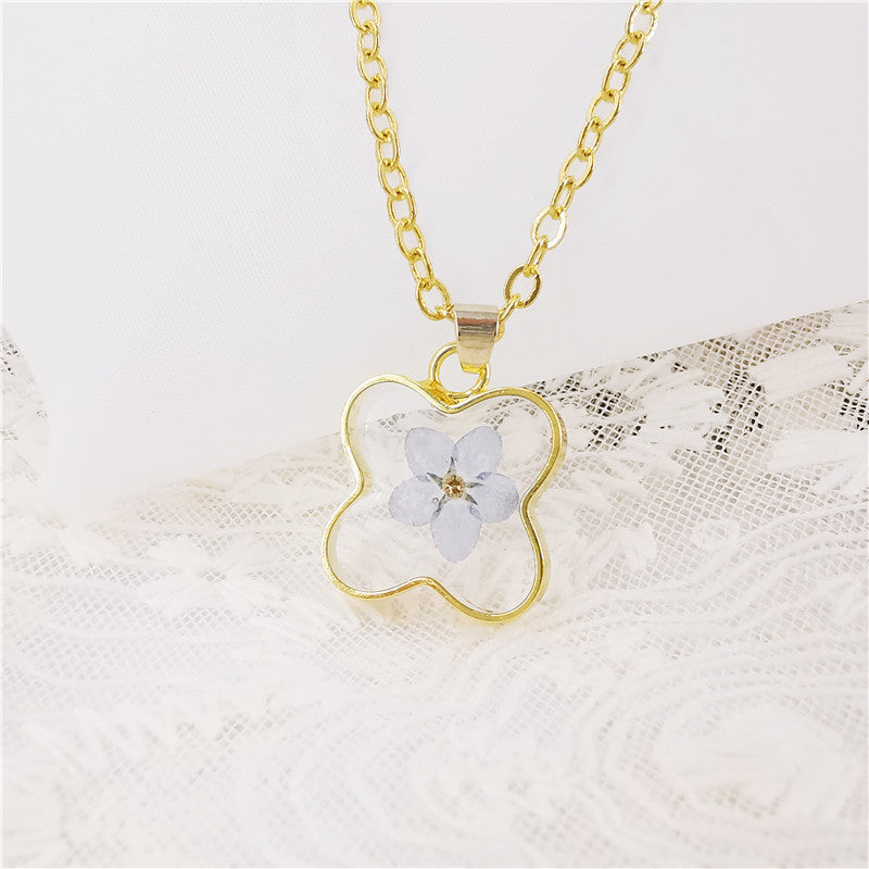 Wholesale 6pcs Handmade Resin Butterfly Shape Real Flower Four-leaf Clover Specimen Necklace