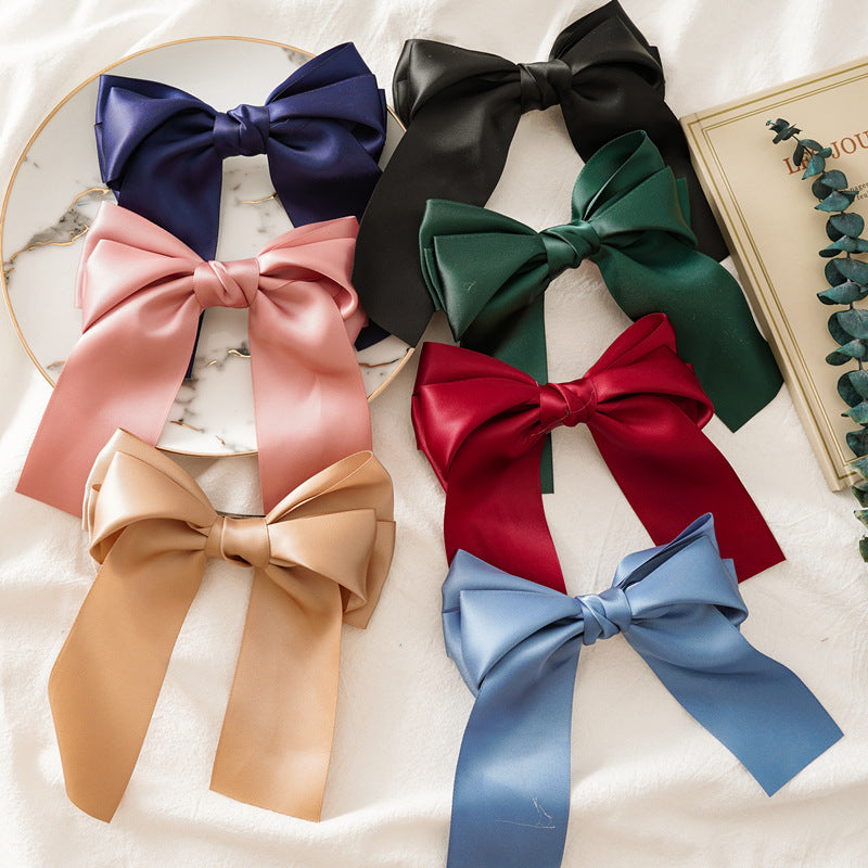 Wholesale New Fabric Sade Bow Ribbon Steel Clip Solid Color Knot Women's Hair Spring Clip Jewelry