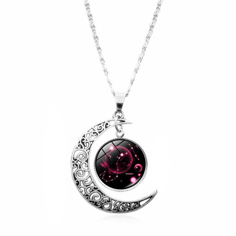Wholesale 12 Constellations Crescent Time Gem Moon Necklaces