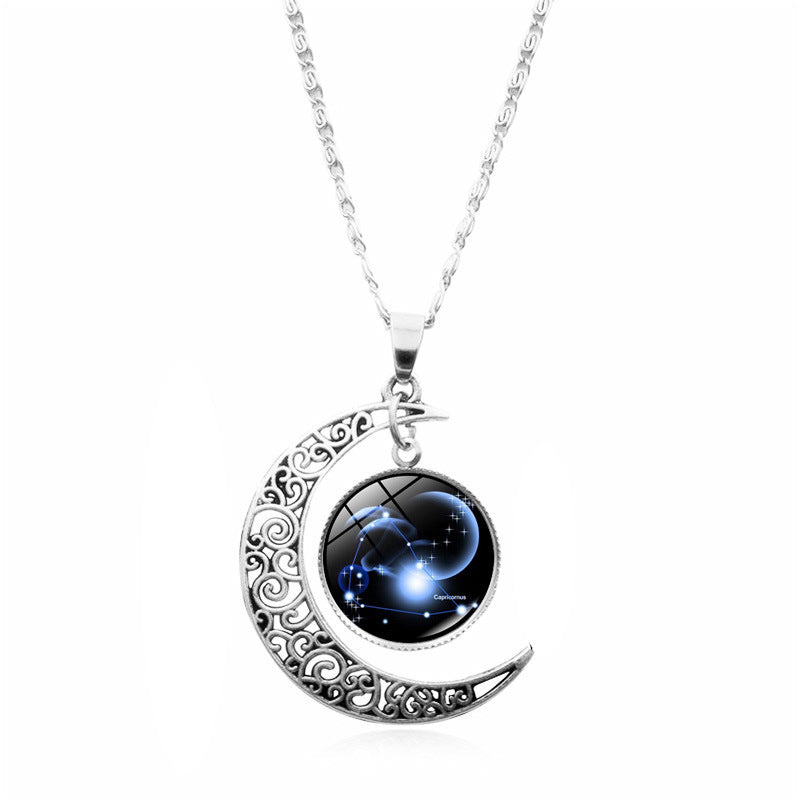 Wholesale 12 Constellations Crescent Time Gem Moon Necklaces