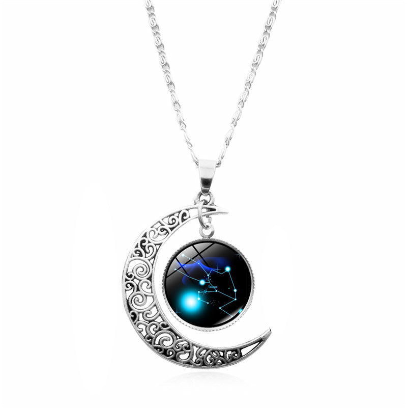 Wholesale 12 Constellations Crescent Time Gem Moon Necklaces