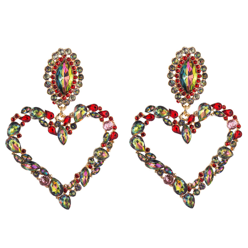 Wholesale Popular Heart-shaped Alloy Inlaid with Colored Diamonds Retro Temperament Exaggerated Super Shiny Full Diamond Earrings