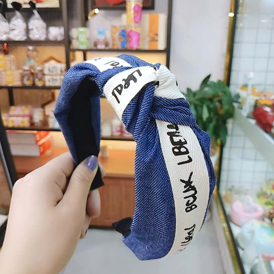Wholesale Wide Brim Solid Color Knotted Letter Denim Fabric Hair Hoop