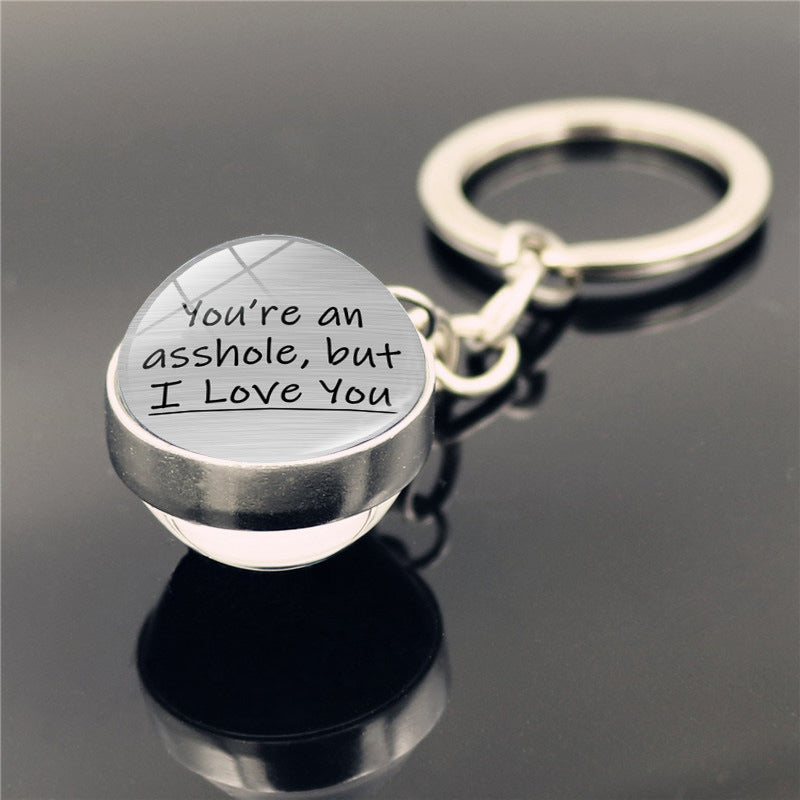 Pareja al por mayor llavero alfabeto colgante de pelota de pelota de vidrio de doble cara