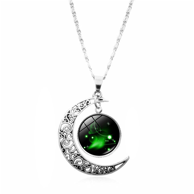 Wholesale 12 Constellations Crescent Time Gem Moon Necklaces