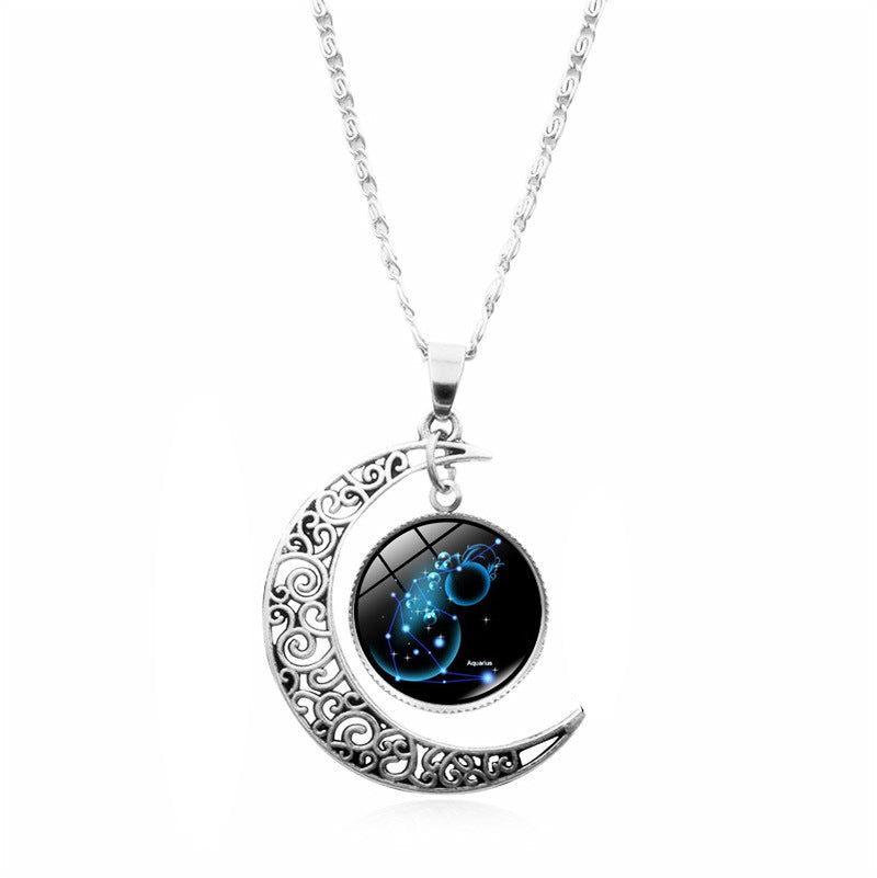 Wholesale 12 Constellations Crescent Time Gem Moon Necklaces