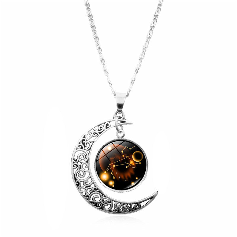 Wholesale 12 Constellations Crescent Time Gem Moon Necklaces