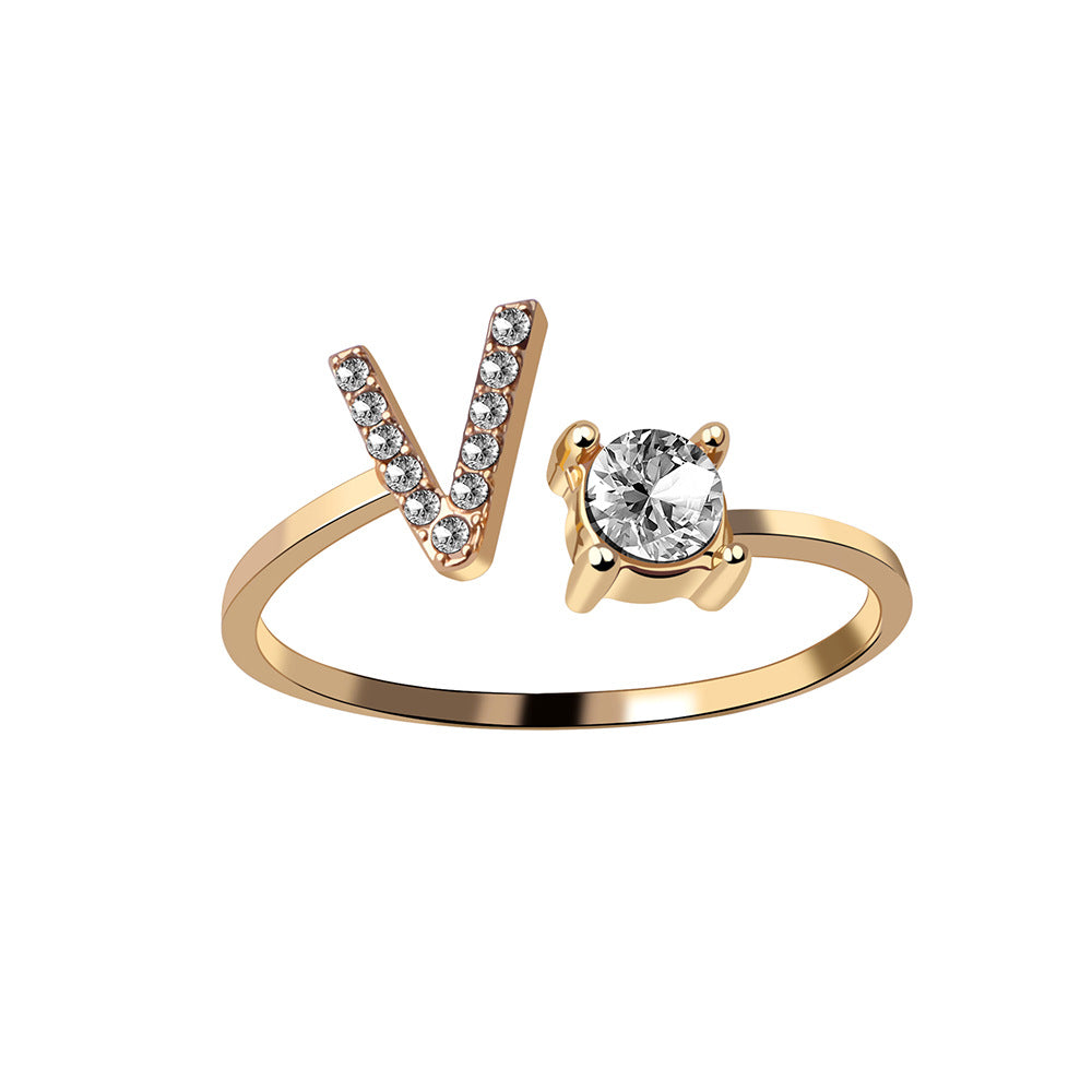 Aleación al por mayor 26 letras Diamond Open Ajustable Anillo ajustable