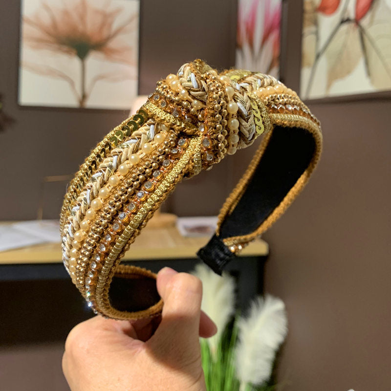 Wholesale New Fabric Art Diamond Middle Knotted Wide Brim Headband