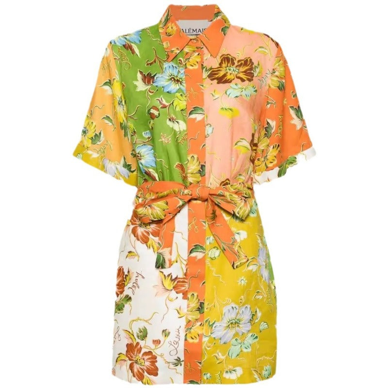 Wholesale Cotton Linen Flower Printing Lace Up Women Clothes