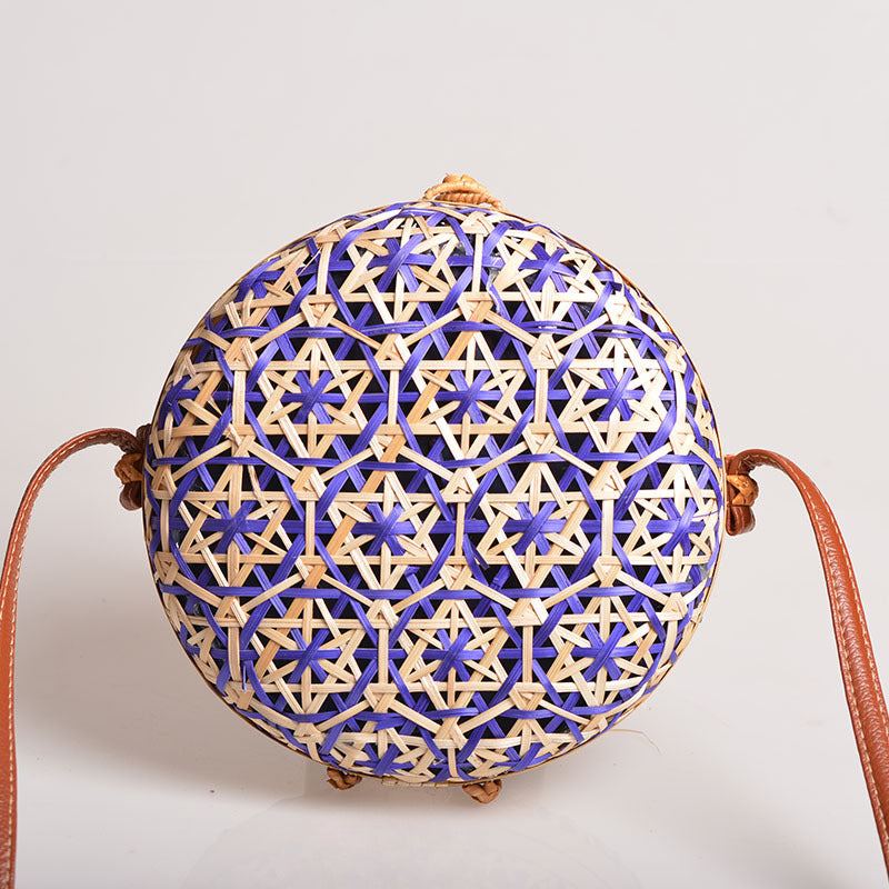 卸売手作り竹織花ラウンド籐バックルバッグ