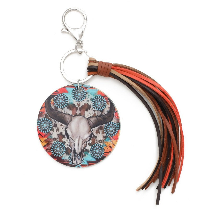 Wholesale Round Acrylic Cactus Sunflower Bull Head Print Tassel Keychain