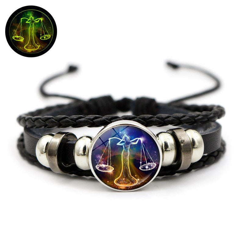 Wholesale Twelve Constellation Time Stone Glow in the Dark Handwoven Beaded Leather Bracelet