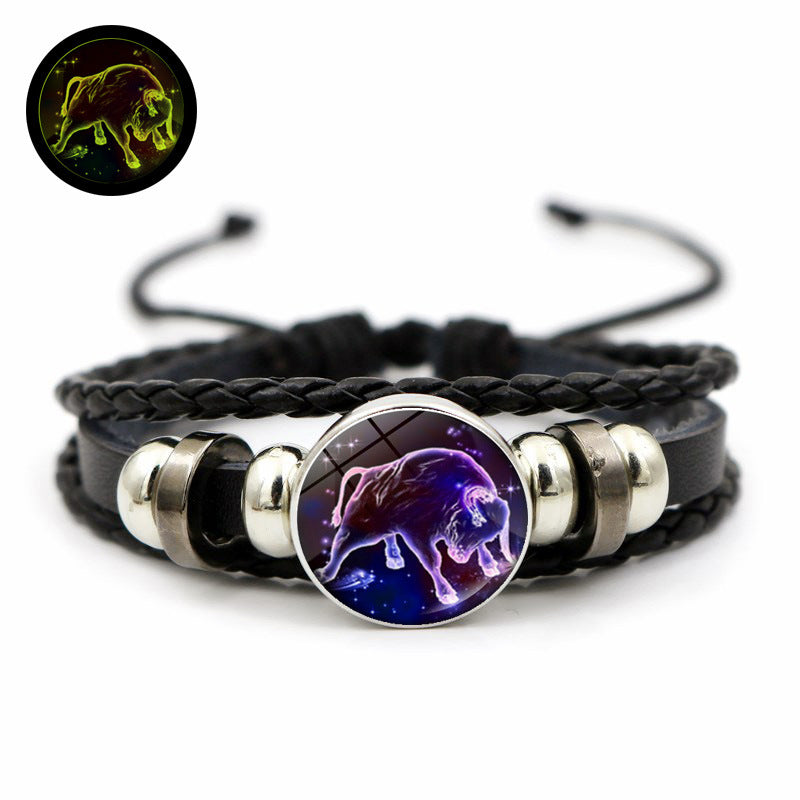 Wholesale Twelve Constellation Time Stone Glow in the Dark Handwoven Beaded Leather Bracelet