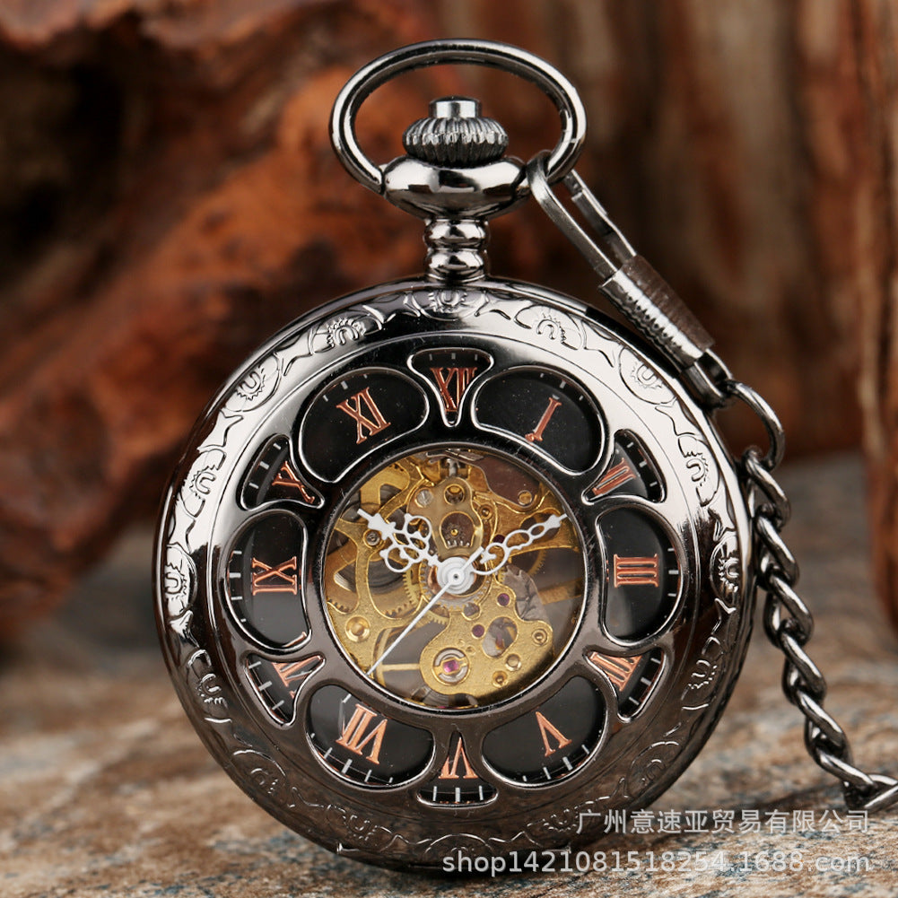 Wholesale  Tungsten Steel Gun Black Petal Blue Face Mechanical Pocket Watch Flip Hollow Pocket Watch Hot Selling Men's and Women's Hanging Watch