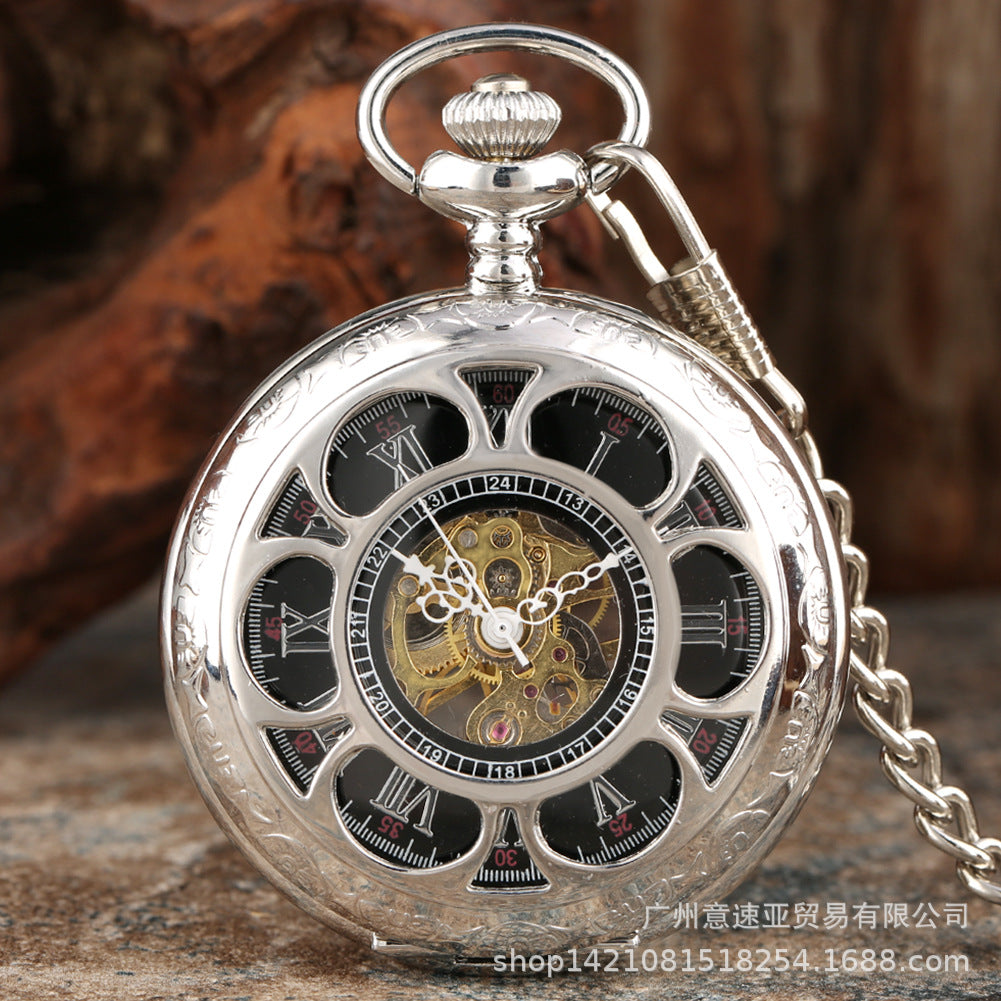 Wholesale  Tungsten Steel Gun Black Petal Blue Face Mechanical Pocket Watch Flip Hollow Pocket Watch Hot Selling Men's and Women's Hanging Watch