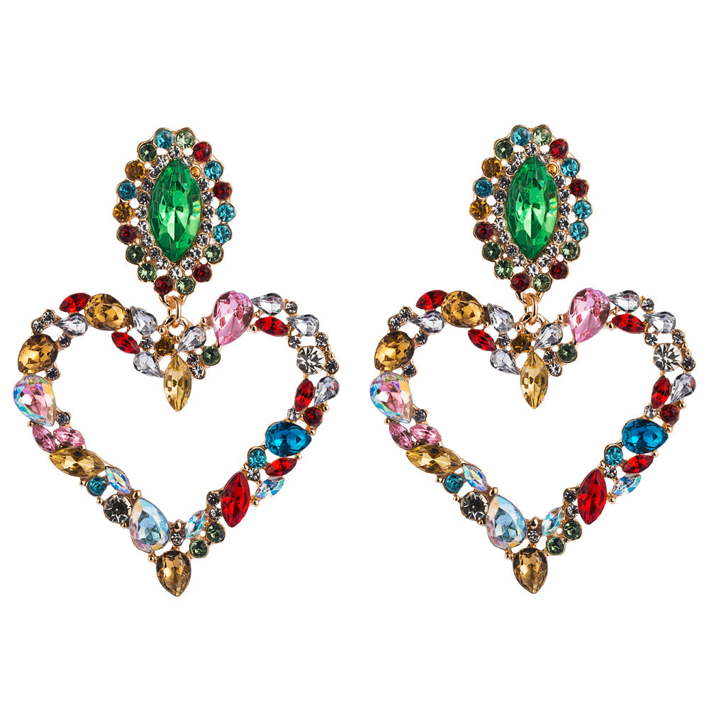 Wholesale Popular Heart-shaped Alloy Inlaid with Colored Diamonds Retro Temperament Exaggerated Super Shiny Full Diamond Earrings