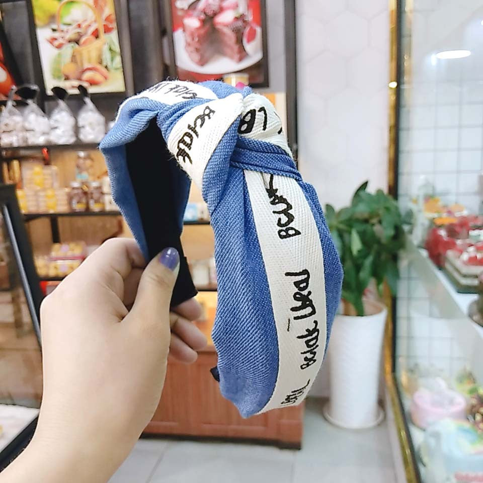 Wholesale Wide Brim Solid Color Knotted Letter Denim Fabric Hair Hoop