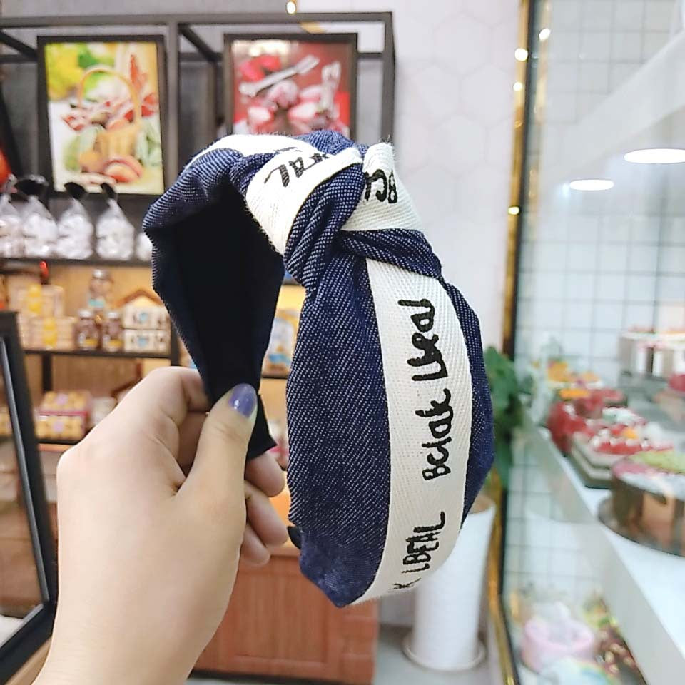 Wholesale Wide Brim Solid Color Knotted Letter Denim Fabric Hair Hoop