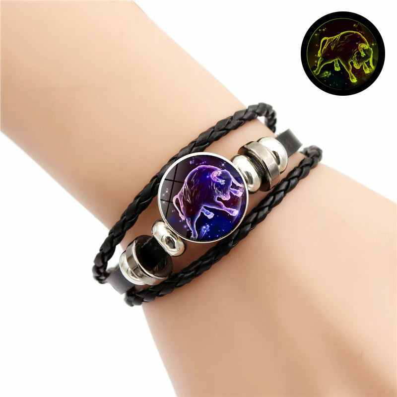 Wholesale Twelve Constellation Time Stone Glow in the Dark Handwoven Beaded Leather Bracelet