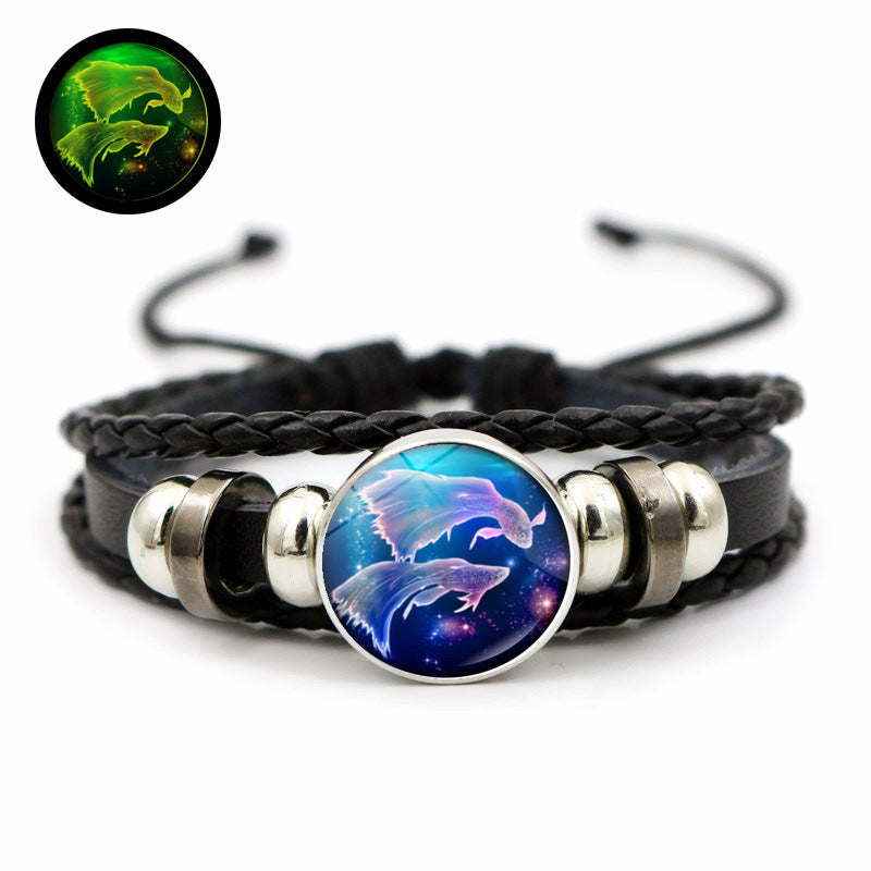 Wholesale Twelve Constellation Time Stone Glow in the Dark Handwoven Beaded Leather Bracelet