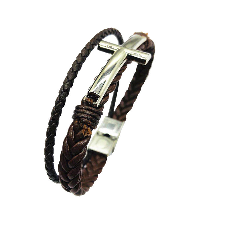Wholesale Stainless Steel Cross Genuine Leather Bracelets