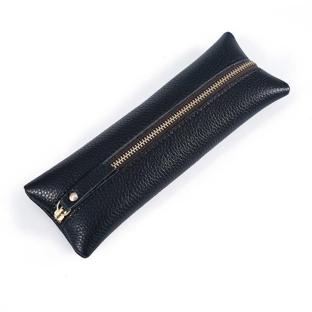 Wholesale First Layer Litchi Zipper Genuine Leather Pencil Case