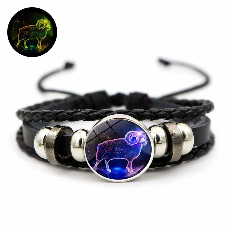Wholesale Twelve Constellation Time Stone Glow in the Dark Handwoven Beaded Leather Bracelet