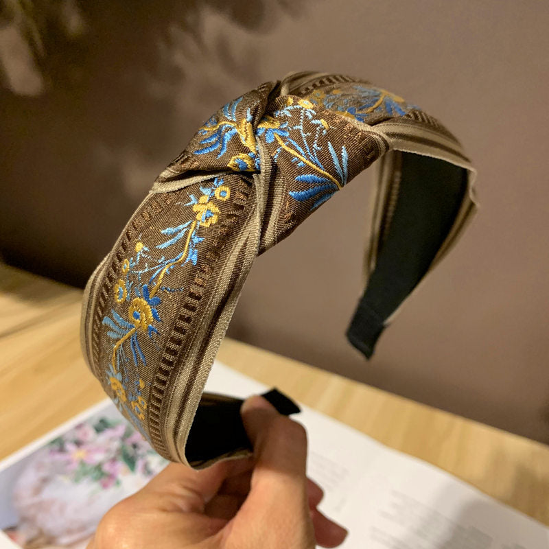 Wholesale Embroidery Retro Knotted Wide Fabric Headband