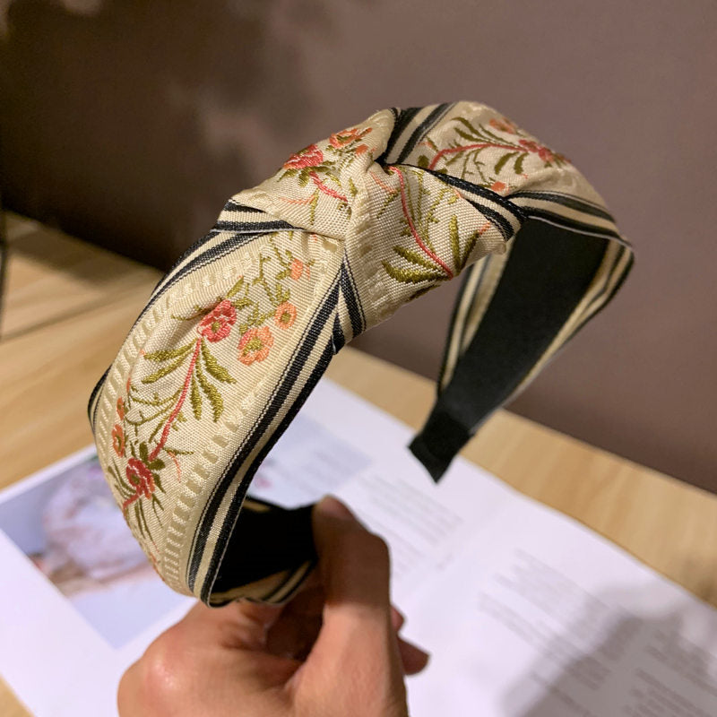 Wholesale Embroidery Retro Knotted Wide Fabric Headband