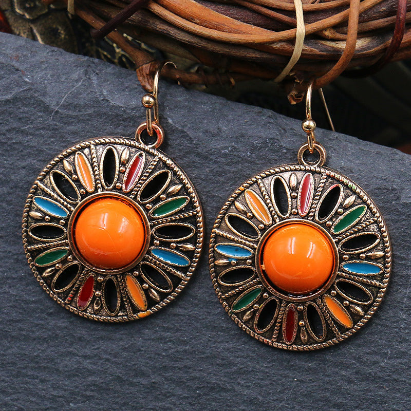 Wholesale Vintage Round Geometric Gemstone Earrings