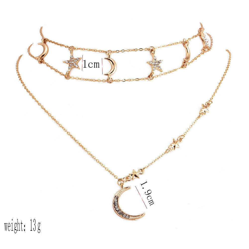 Wholesale Full diamond popular personality five-pointed star moon combination multi-layer women's necklace